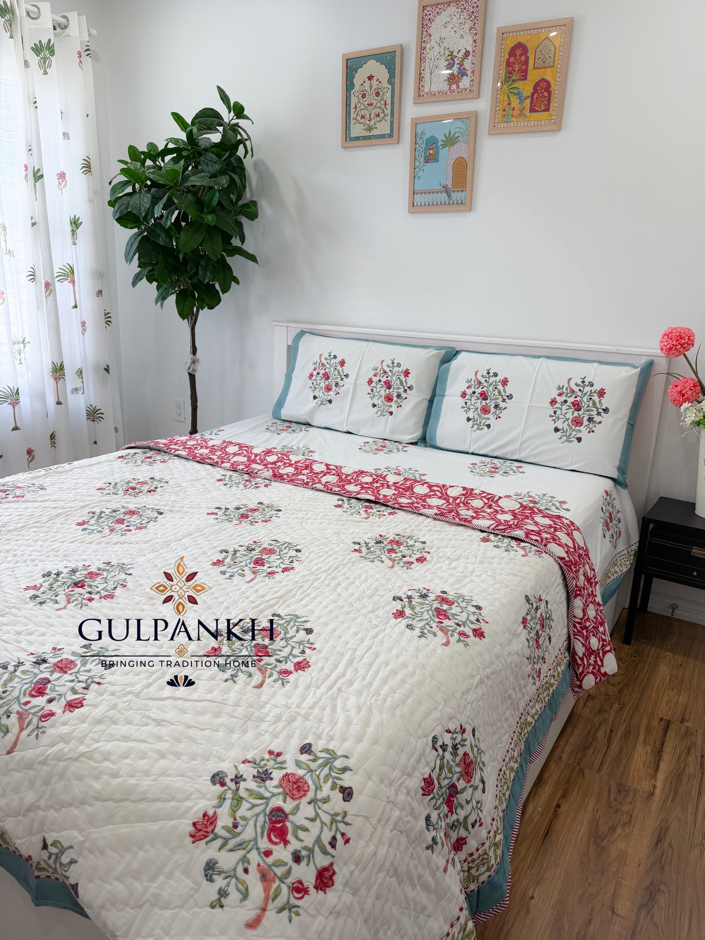 Hand Block Printed Cotton Bedding Set with Quilt - Noor-e-Gulab | Gulpankh Canada