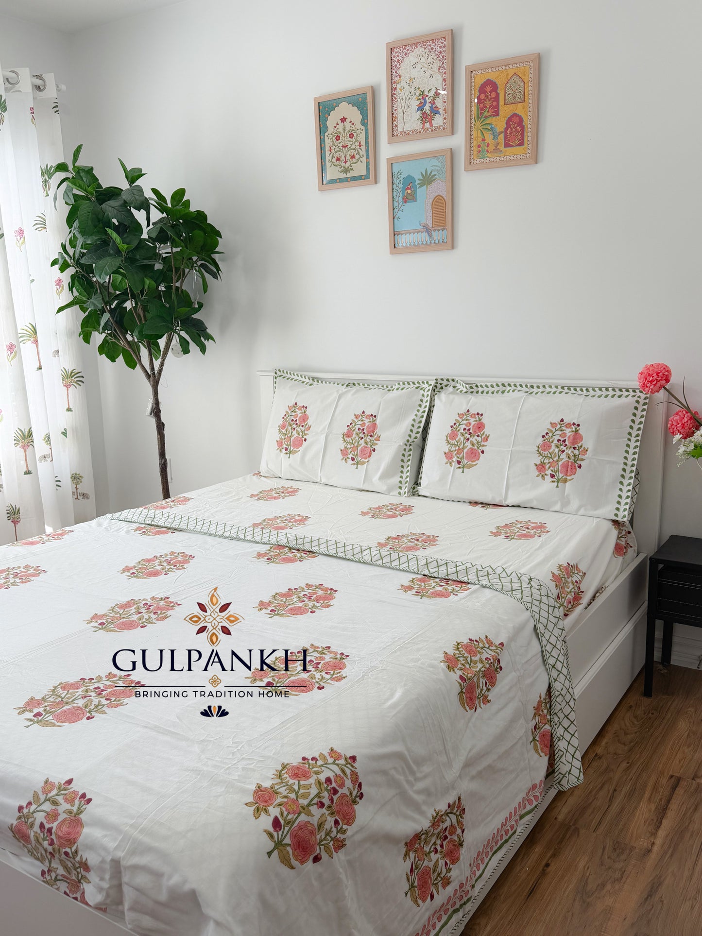 Hand Block Printed Cotton King Fitted Bedsheet with Matching Dohar - Rosewood Bloom | Gulpankh Canada