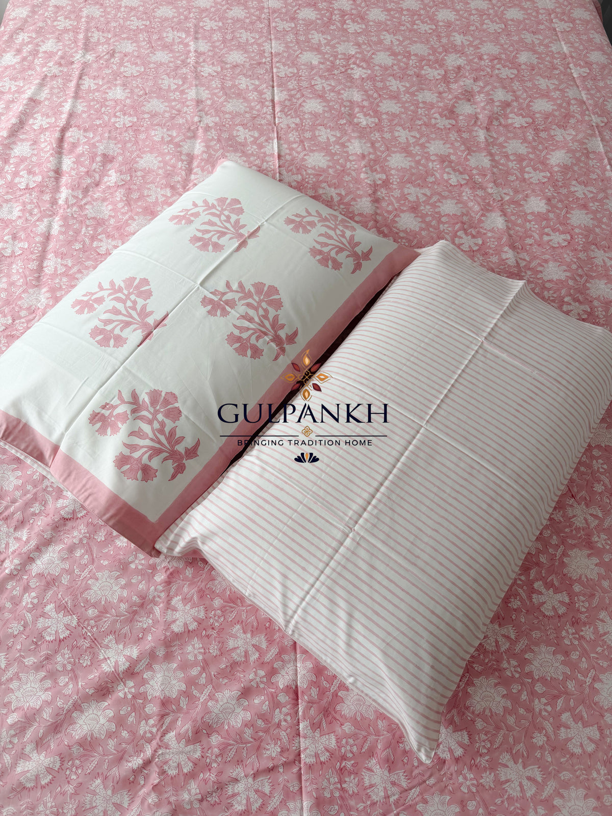 Hand Block Printed Flat Bedsheet - Gulabi Noor | Gulpankh Canada