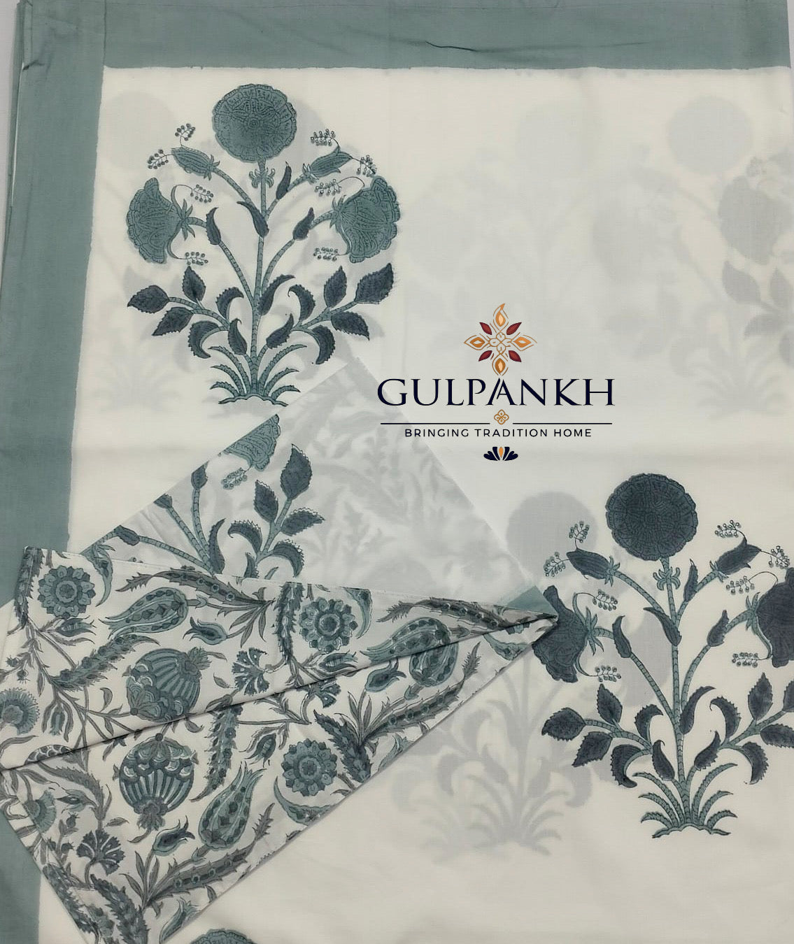 Hand Block Printed 100% Cotton King Fitted Bedsheet – Sage Mughal Bloom | Gulpankh Canada