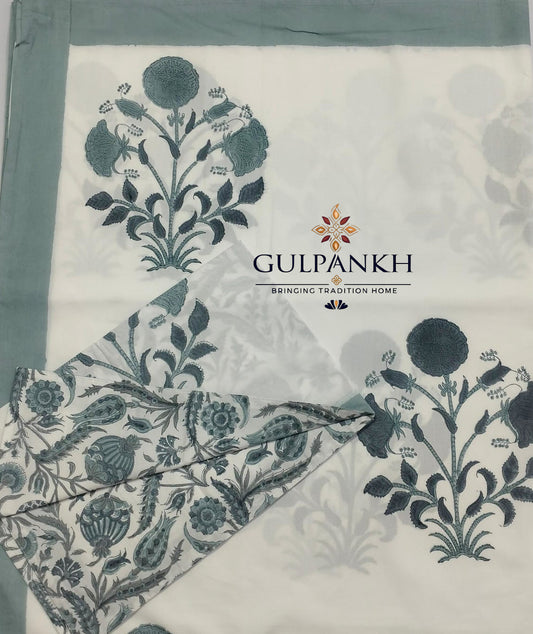 Hand Block Printed 100% Cotton King Fitted Bedsheet – Sage Mughal Bloom | Gulpankh Canada