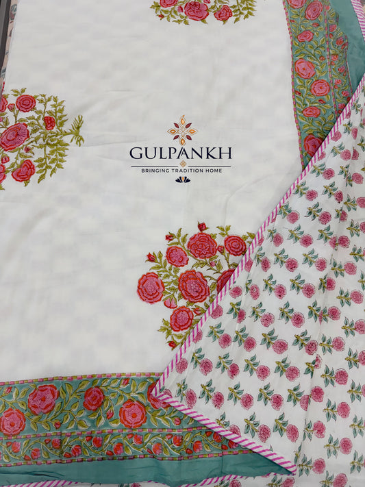 Hand Block Printed Mulmul Cotton Dohar - Rosé Garden Heirloom | Gulpankh Canada