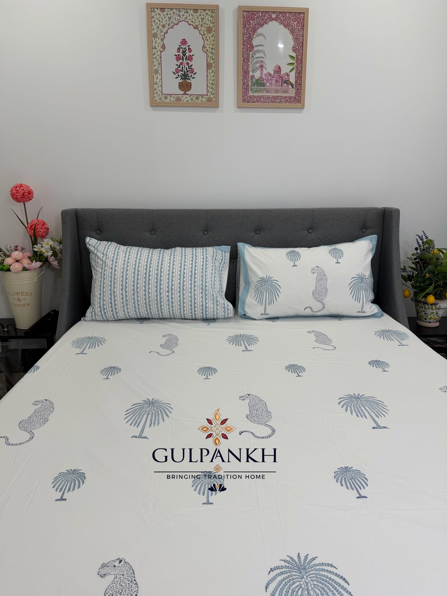 Hand Block Printed King Fitted Bedsheet - Neel Baagh Vatika | Gulpankh Canada