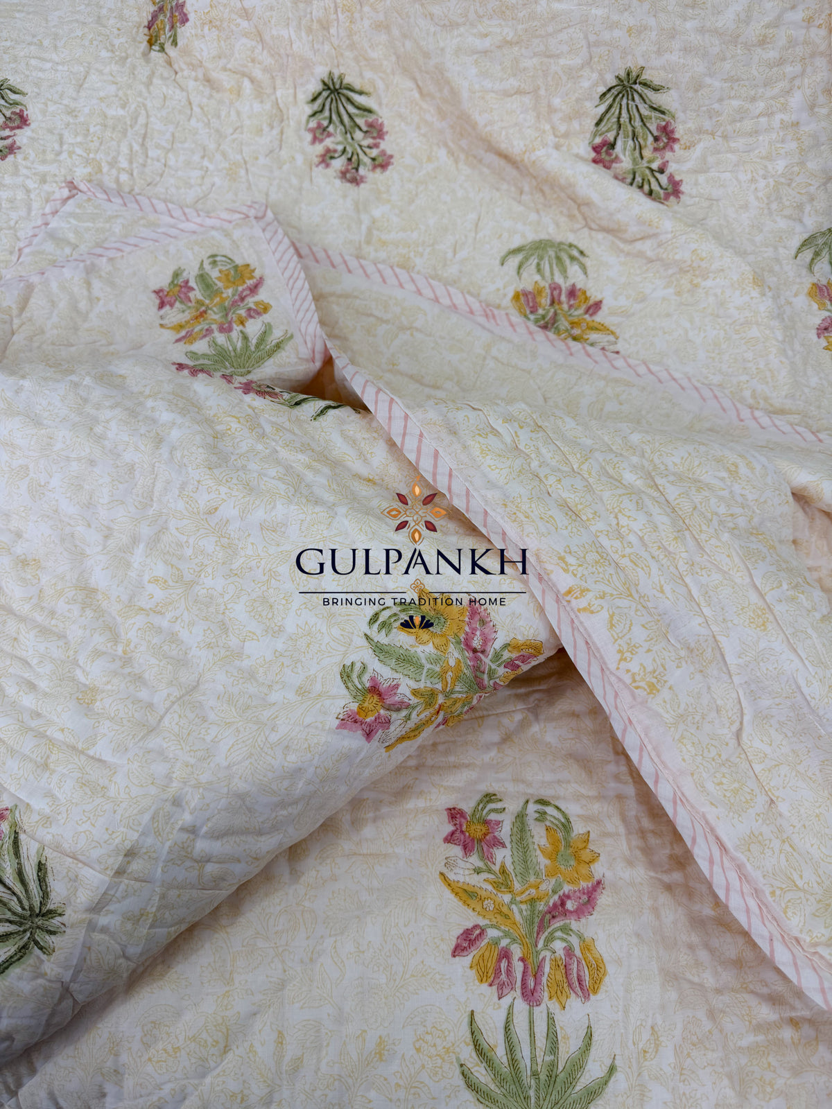 Hand Block Printed Reversible Cotton Quilt - Sunlit Blossom | Gulpankh Canada