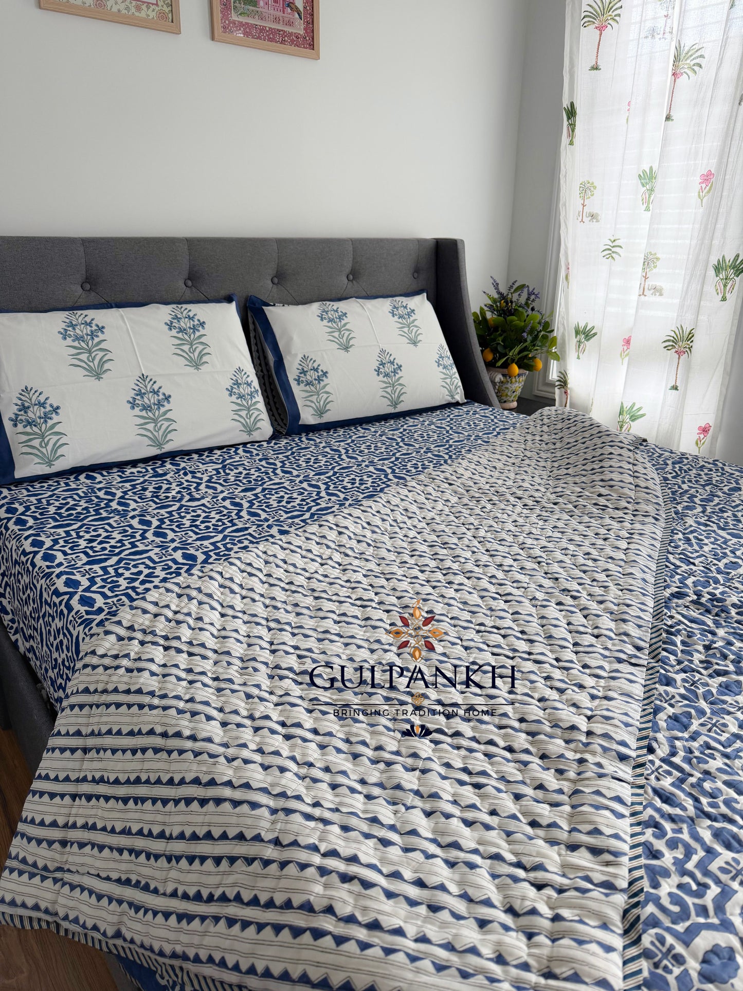 Hand Block Printed Cotton Bedding Set with Quilt - Indigo Rajvaadi Trellis | Gulpankh Canada