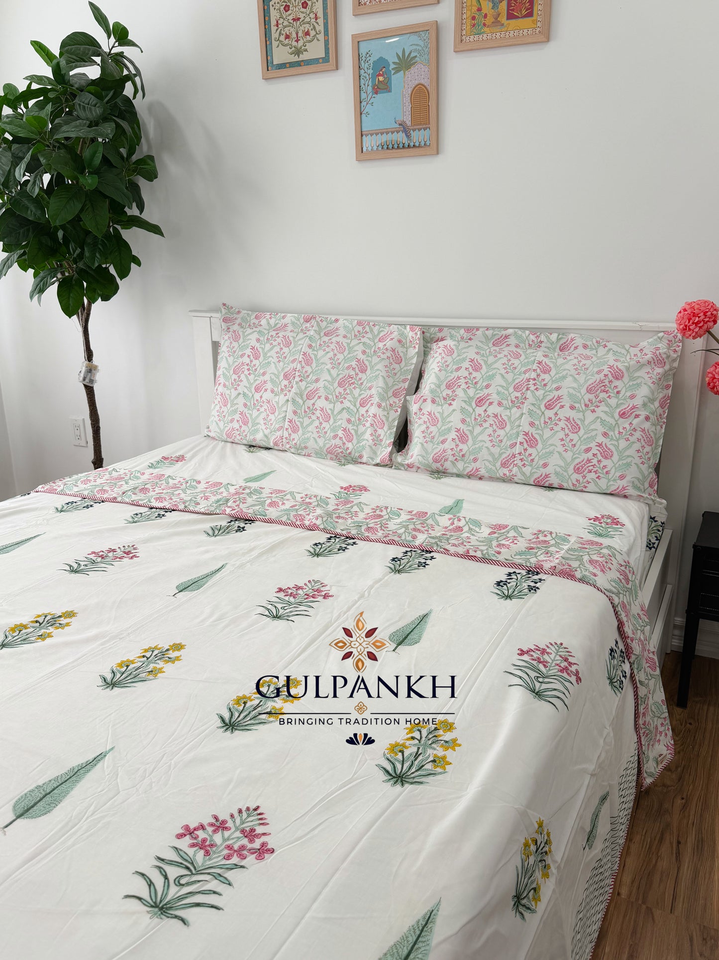 Hand Block Printed Cotton King Fitted Bedsheet with Matching Dohar - Blush Garden | Gulpankh Canada