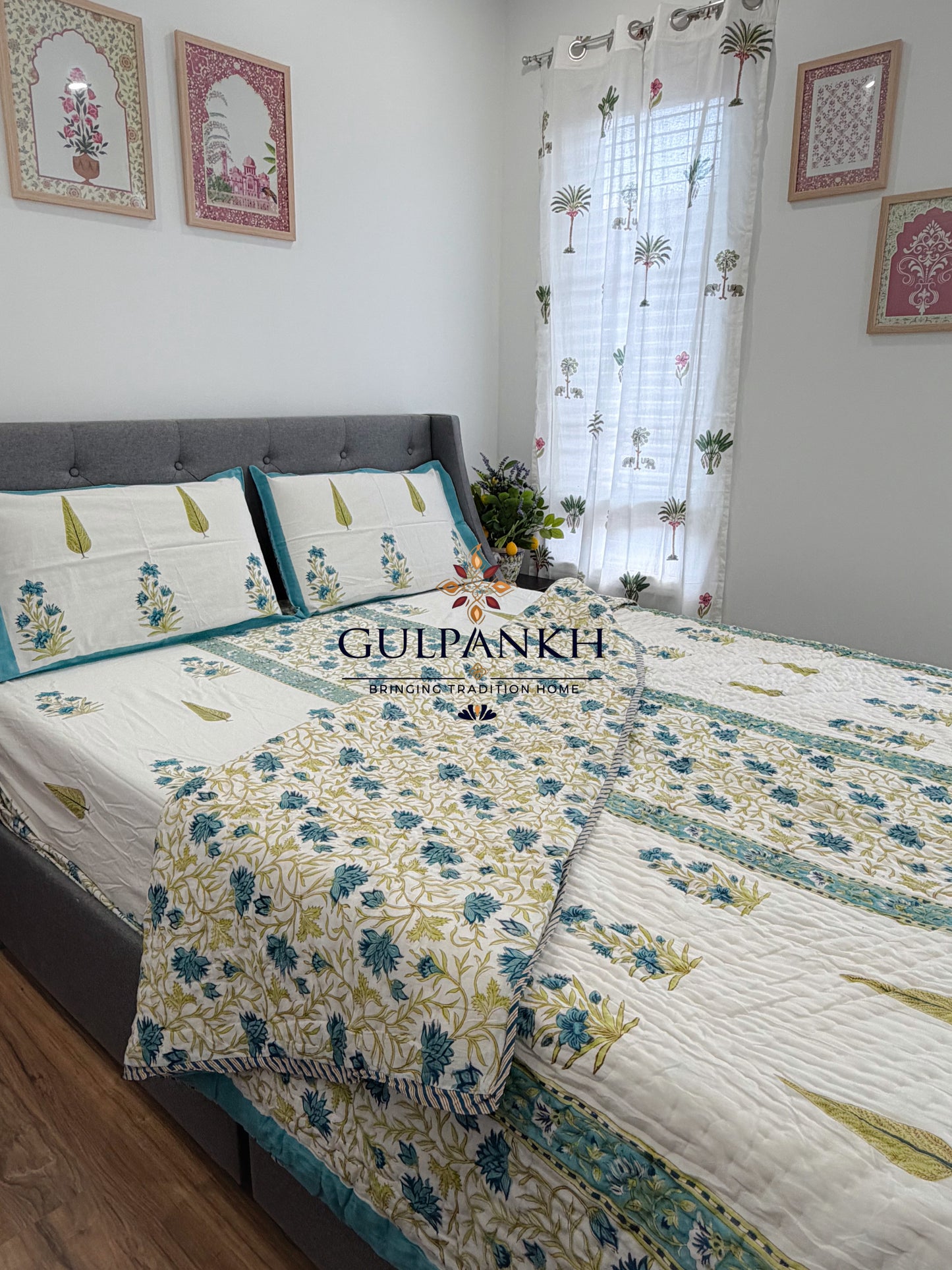 Hand Block Printed Cotton Bedding Set with Quilt - Azure Wildflower Courtyard | Gulpankh Canada
