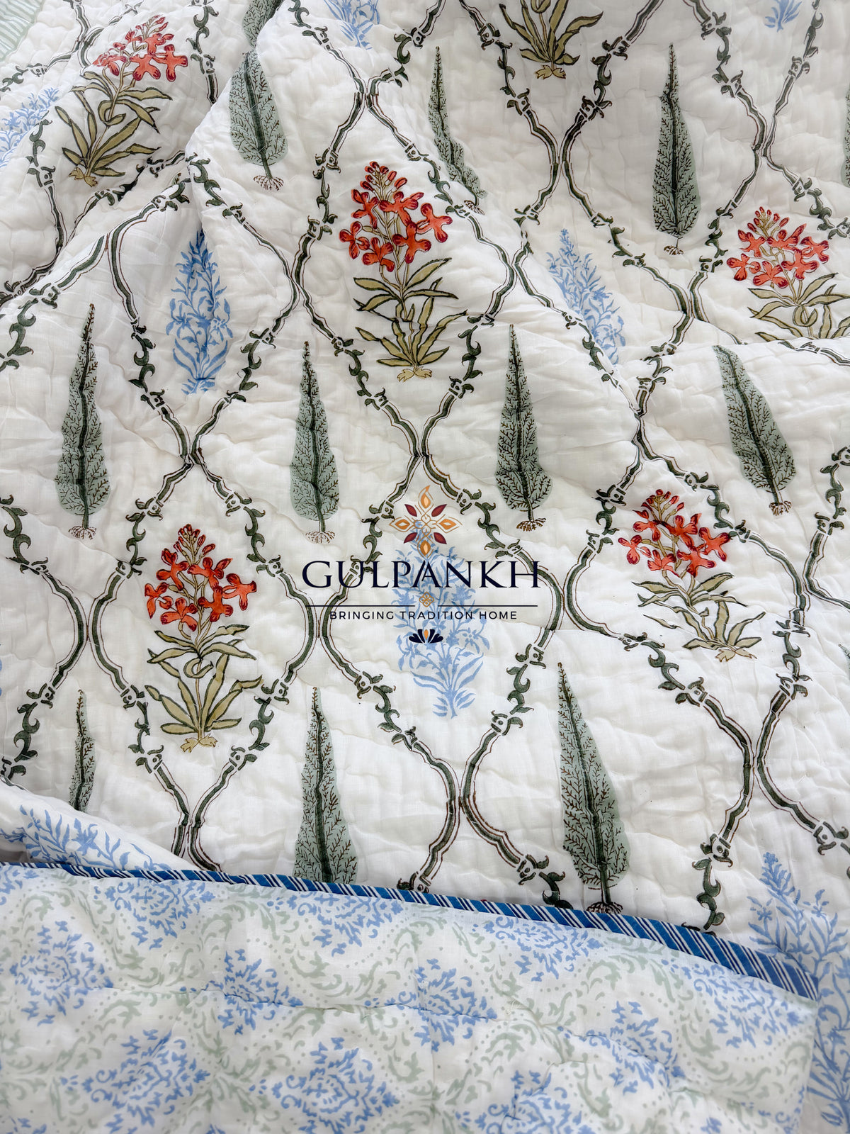 Hand Block Printed Cotton Quilt - Gulistan Courtyard | Gulpankh Canada