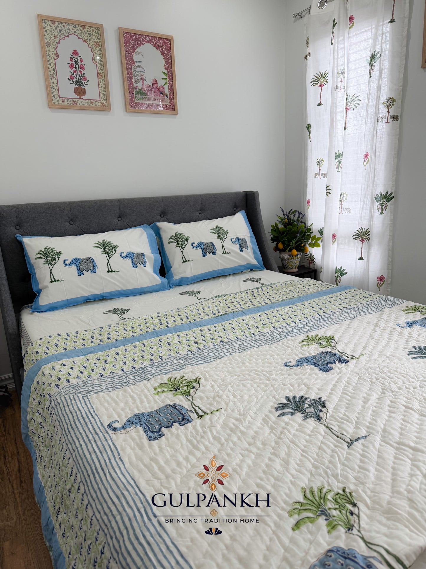 Royal Elephant Garden Hand Block Printed Cotton Queen Bedding Set with Quilt | Gulpankh Canada