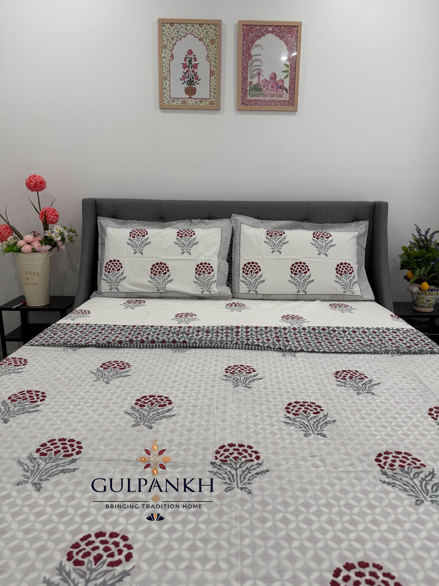 Ruby Garden Hand Block Printed Cotton Bedsheet with Matching Duvet Cover | Gulpankh Canada