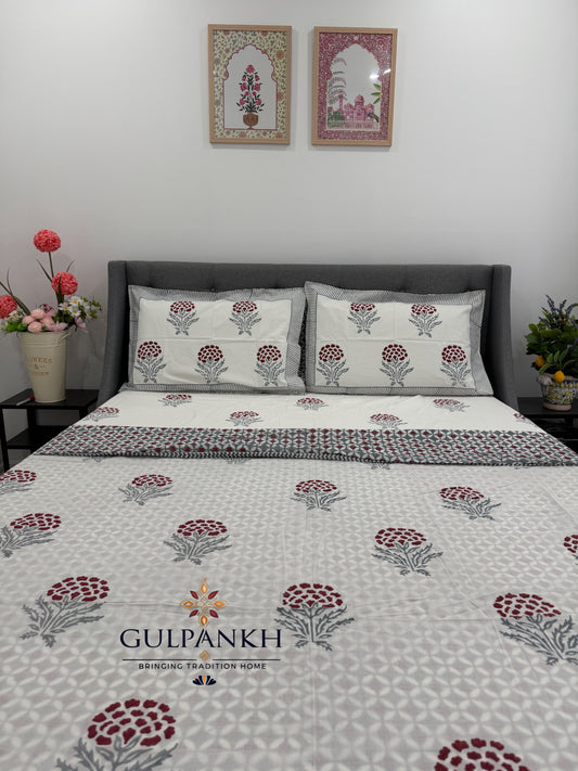 Ruby Garden Hand Block Printed Cotton Bedsheet with Matching Duvet Cover | Gulpankh Canada