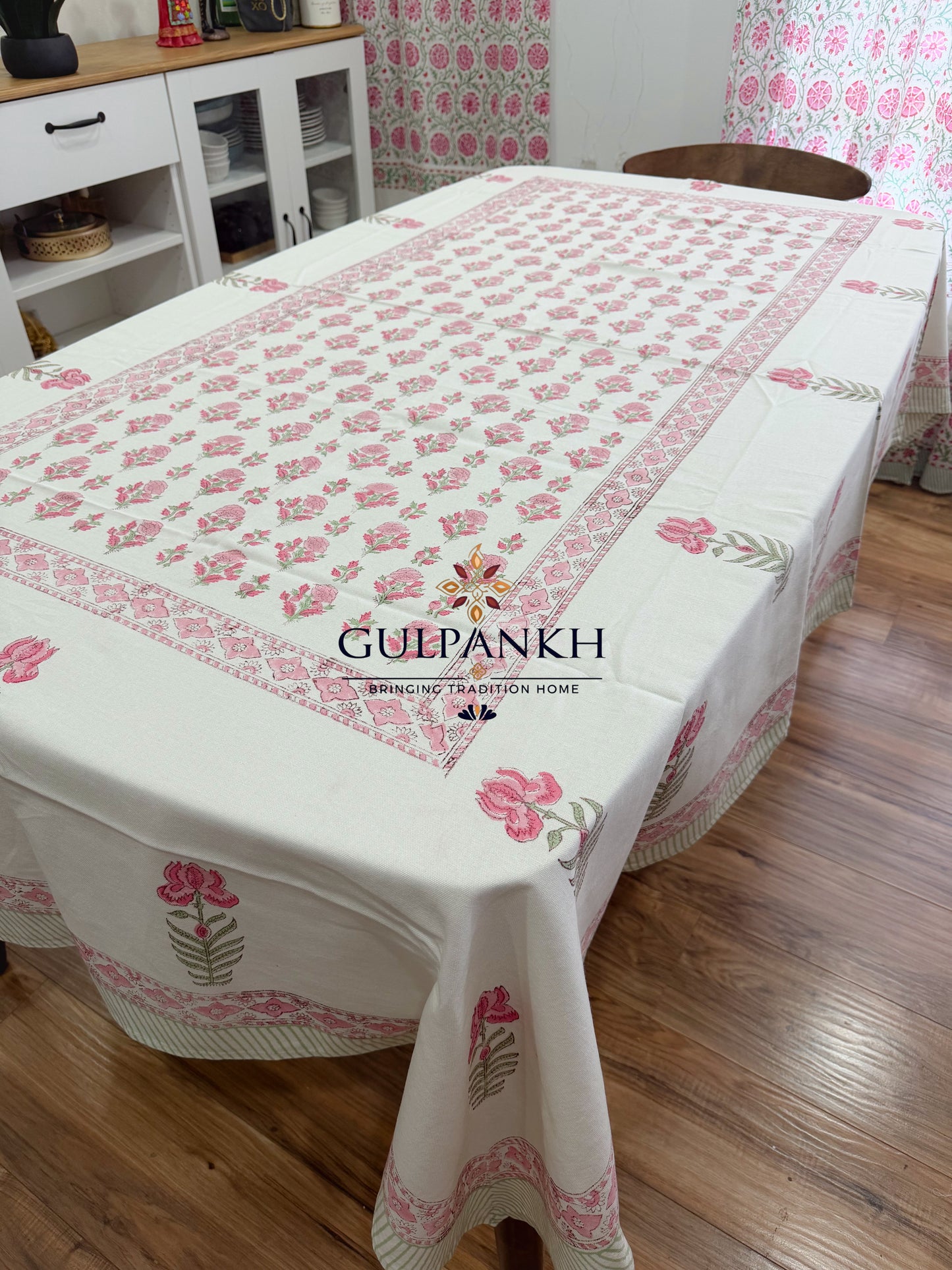 Hand Block Printed Cotton Table Cover - Blush Garden Bloom | Gulpankh Canada