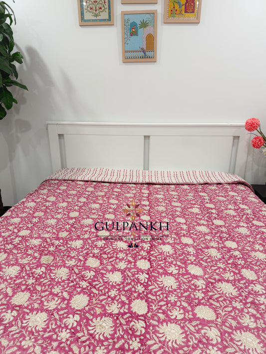 Hand Block Printed Cotton Quilt - Rosé Gulbahar | Gulpankh Canada