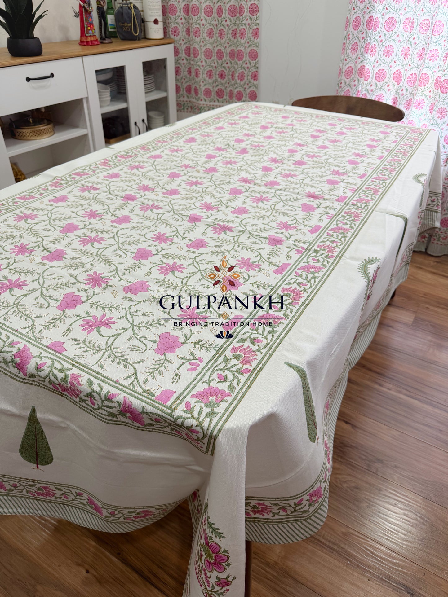 Hand Block Printed Cotton Table Cover - Pink Blossom Garden | Gulpankh Canada