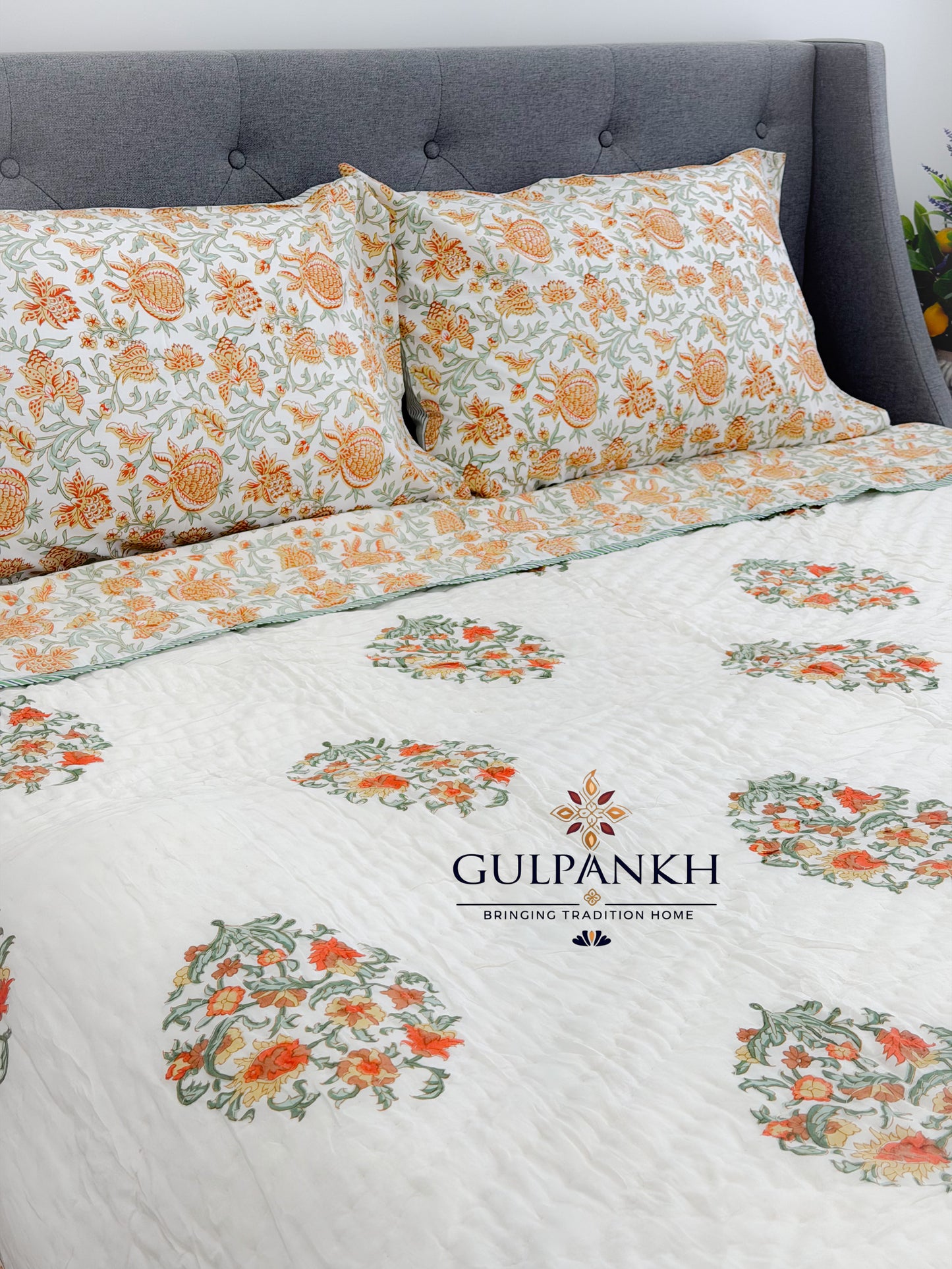 Hand Block Printed Cotton Quilt - Kesariya Blossom Vine | Gulpankh Canada