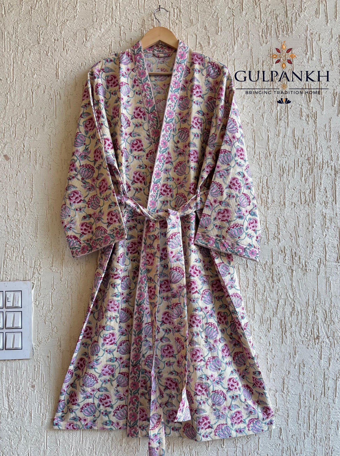 Ivory Gulab Pichwai Hand Block Printed Waffle Cotton Bathrobe – Cotton Spa Robe | Gulpankh Canada