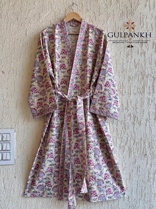 Ivory Gulab Pichwai Hand Block Printed Waffle Cotton Bathrobe – Cotton Spa Robe | Gulpankh Canada