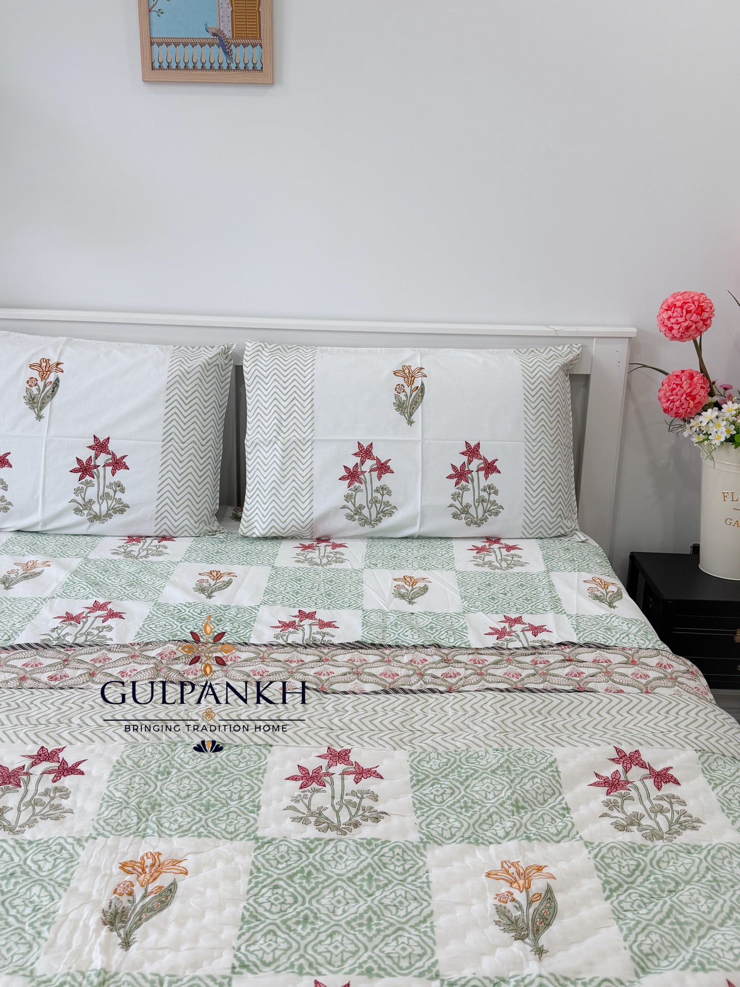 Hand Block Printed Cotton Bedding Set with Quilt - Firdaus Sage | Gulpankh Canada