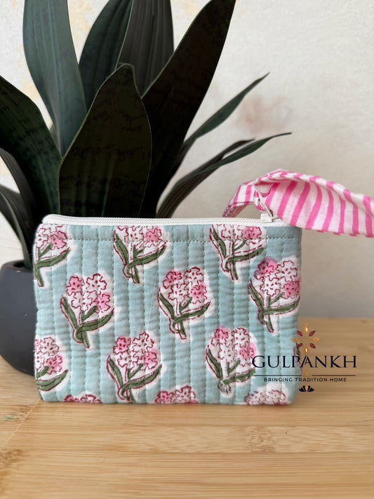 Hand Block Printed Quilted Flat Pouch – Blush Mint Bloom | Gulpankh Canada