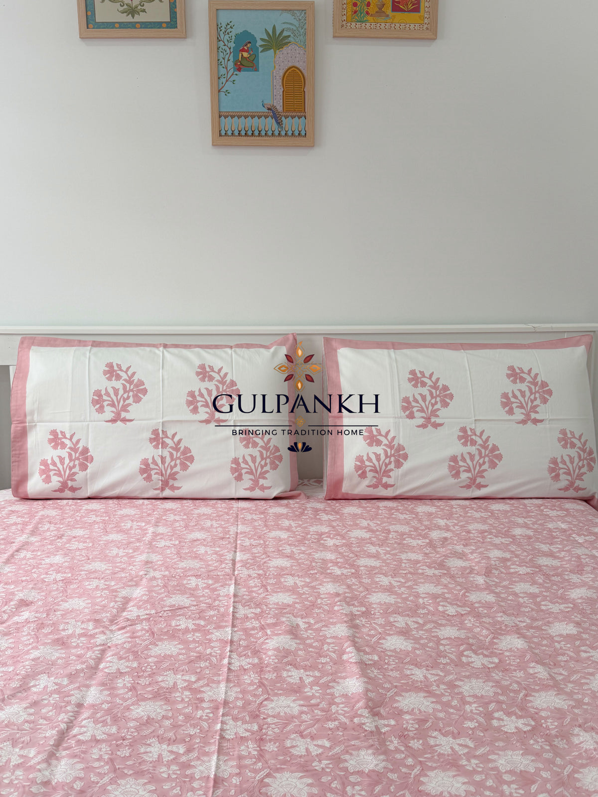 Hand Block Printed Flat Bedsheet - Gulabi Noor | Gulpankh Canada