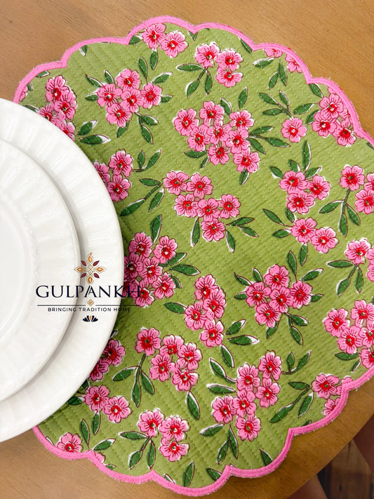 Hand Block Printed Quilted Scalloped Cotton Reversible Placemats - Spring Meadow | Gulpankh Canada