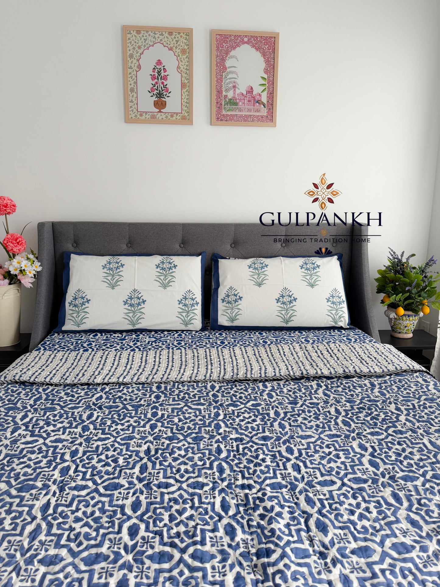 Hand Block Printed Cotton Bedding Set with Quilt - Indigo Rajvaadi Trellis | Gulpankh Canada