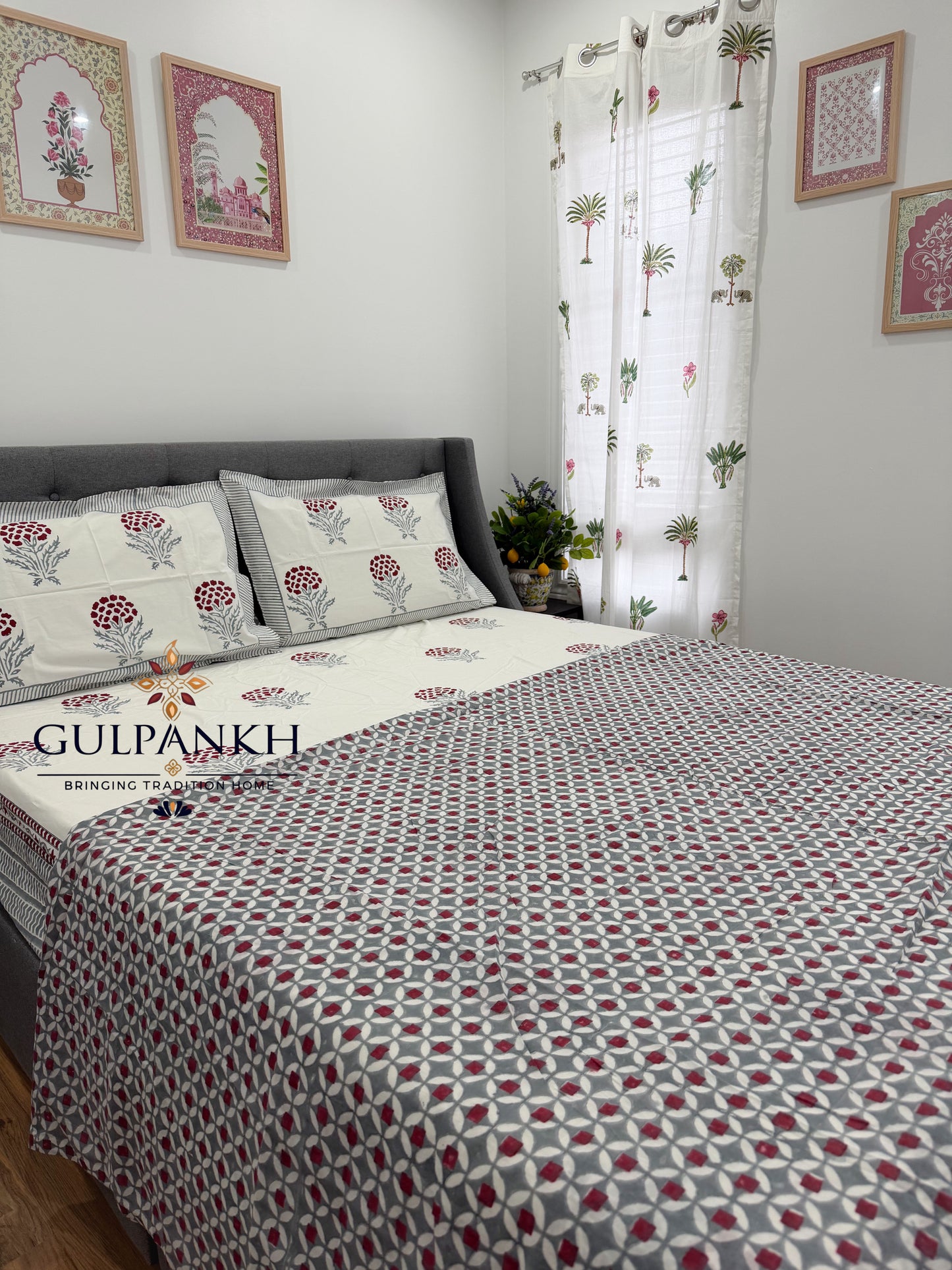 Ruby Garden Hand Block Printed Cotton Bedsheet with Matching Duvet Cover | Gulpankh Canada