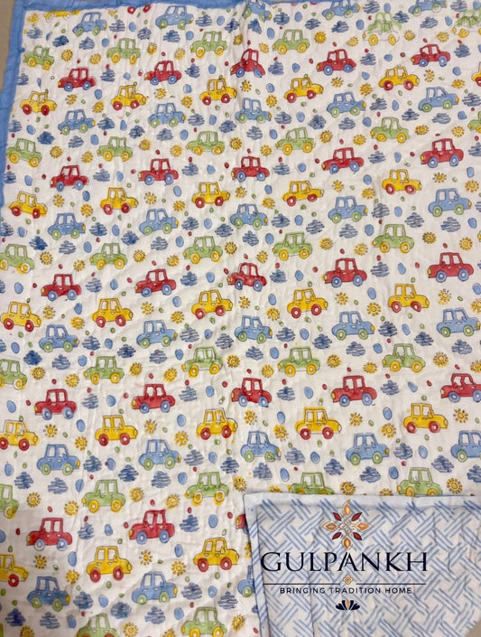 Little Car Parade Baby Cotton Quilt – Hand Block Printed Baby Bedding | Gulpankh Canada