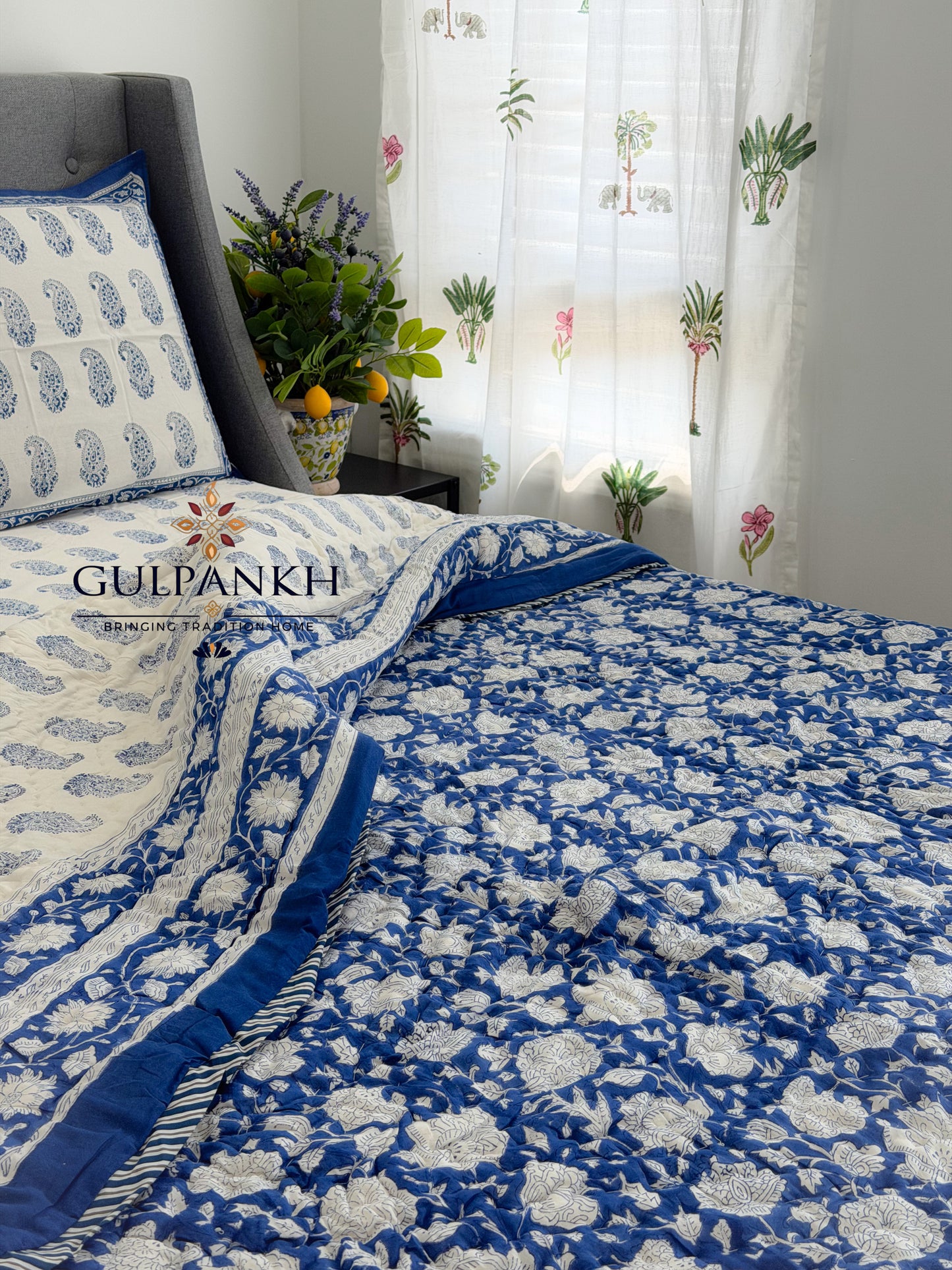Hand Block Printed Cotton Bedding Set with Quilt - Indigo Paisley Bloom | Gulpankh Canada