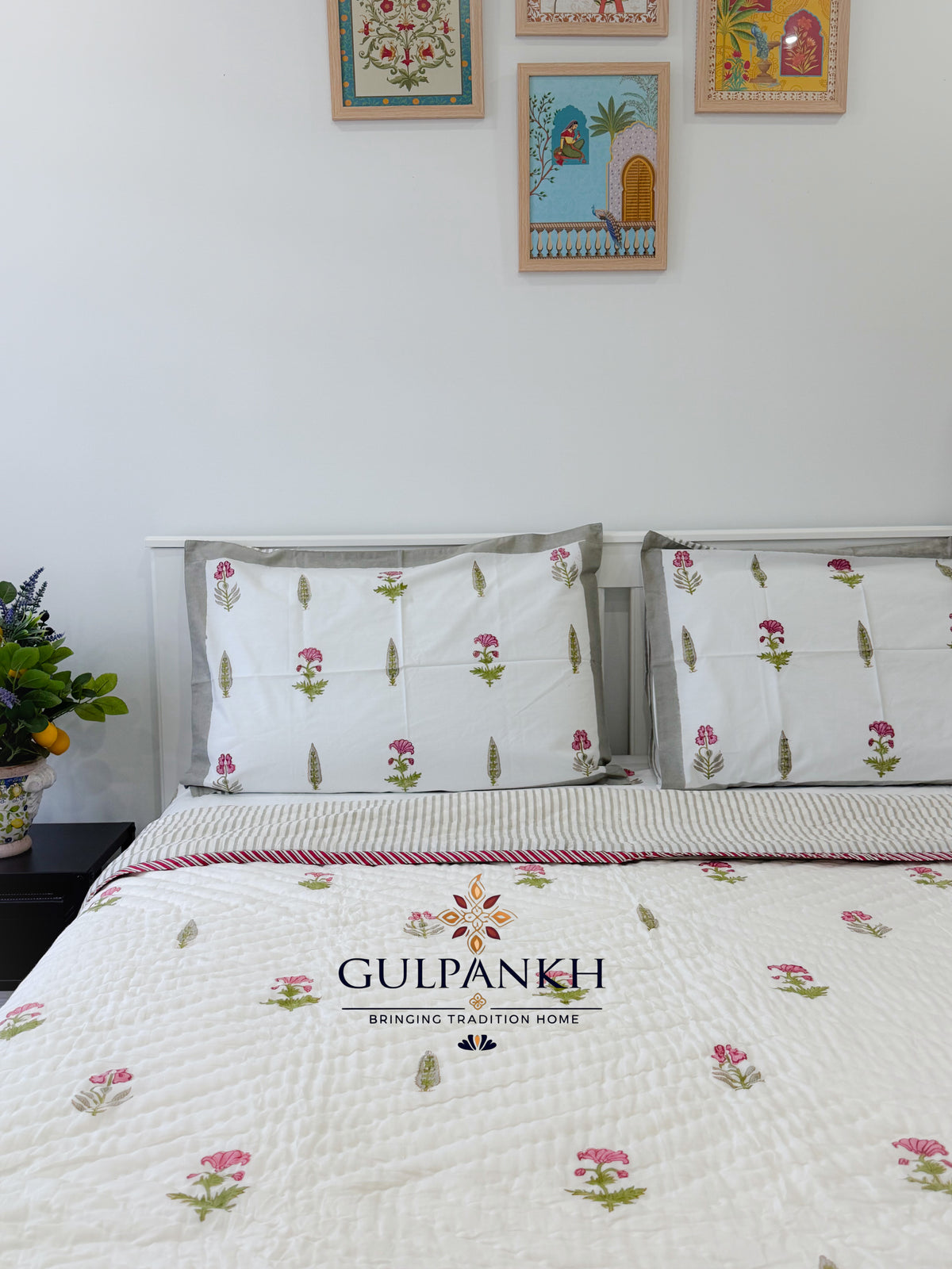 Hand Block Printed Cotton Bedding Queen Set with Quilt - Gulabi Meher Garden | Gulpankh Canada