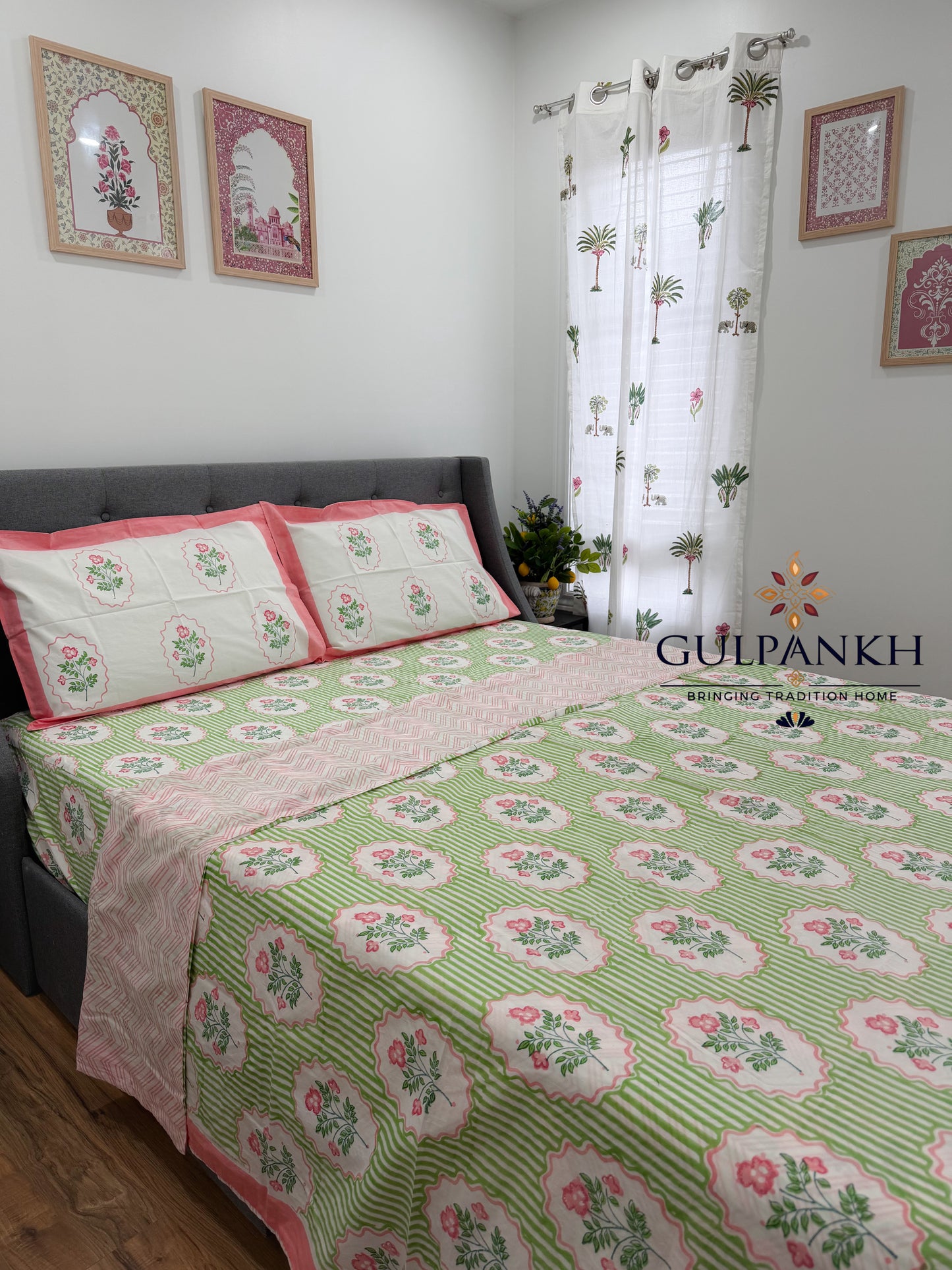 Blush Meadow Hand Block Printed Cotton Bedsheet with Matching Duvet Cover | Gulpankh Canada