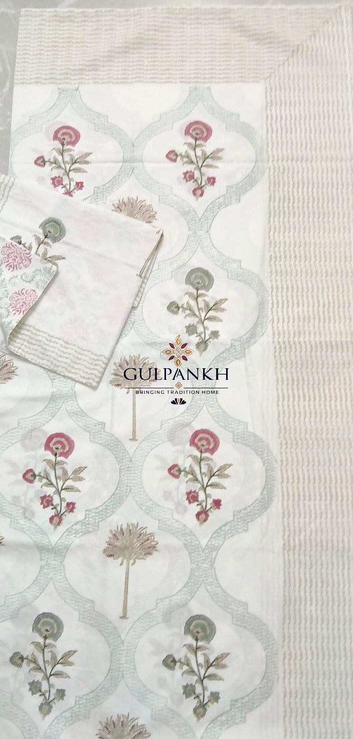 Hand Block Printed 100% Cotton King Fitted Bedsheet – Blush Mughal Trellis | Gulpankh Canada