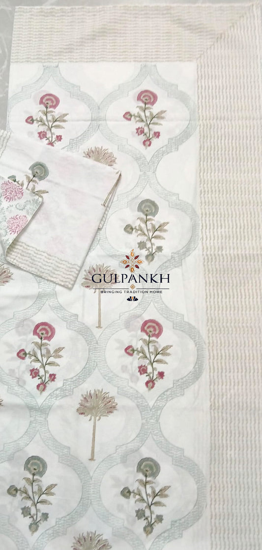 Hand Block Printed 100% Cotton King Fitted Bedsheet – Blush Mughal Trellis | Gulpankh Canada