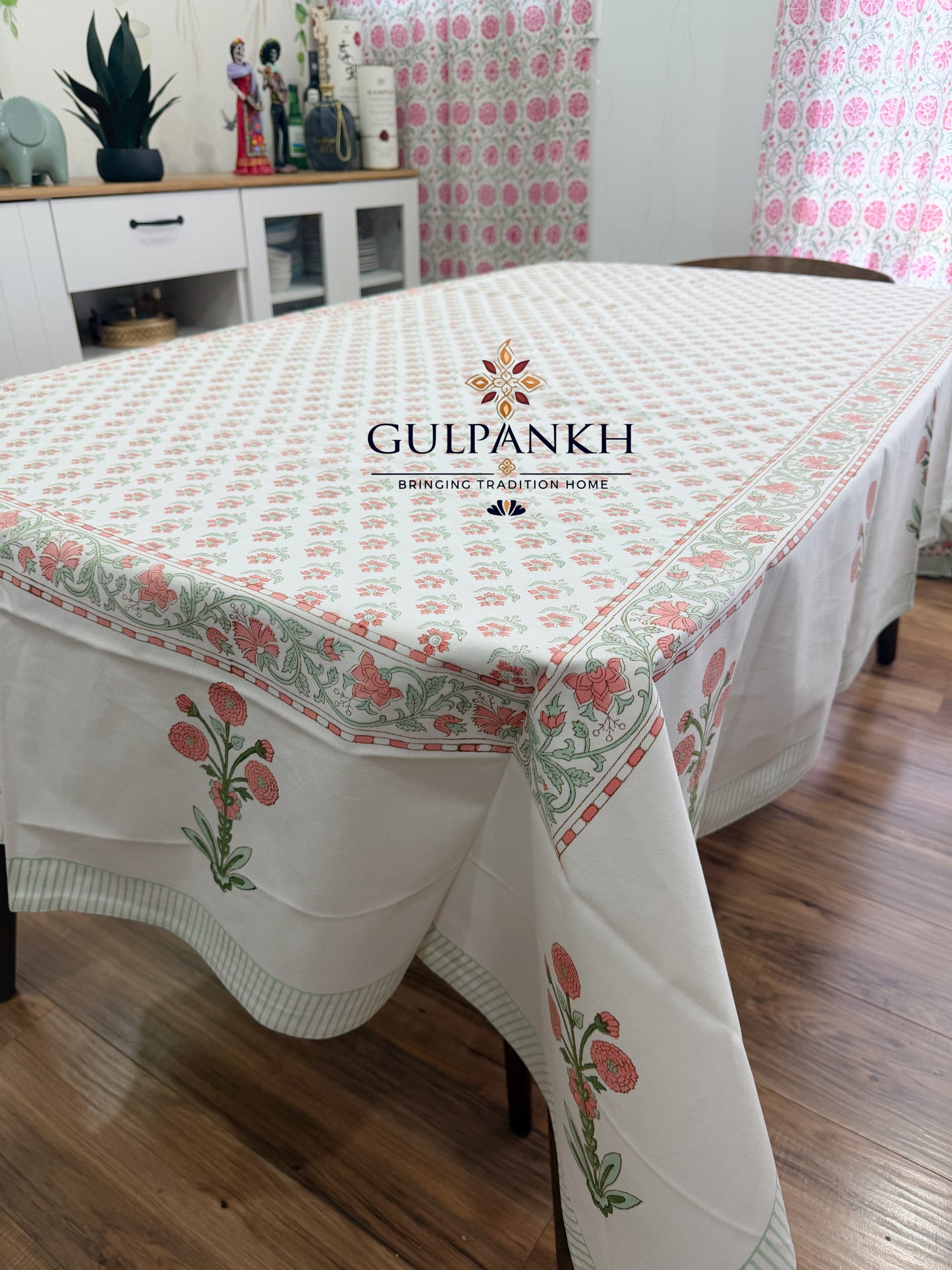 Hand Block Printed Cotton Table Cover - Peach Blossom Meadow | Gulpankh Canada