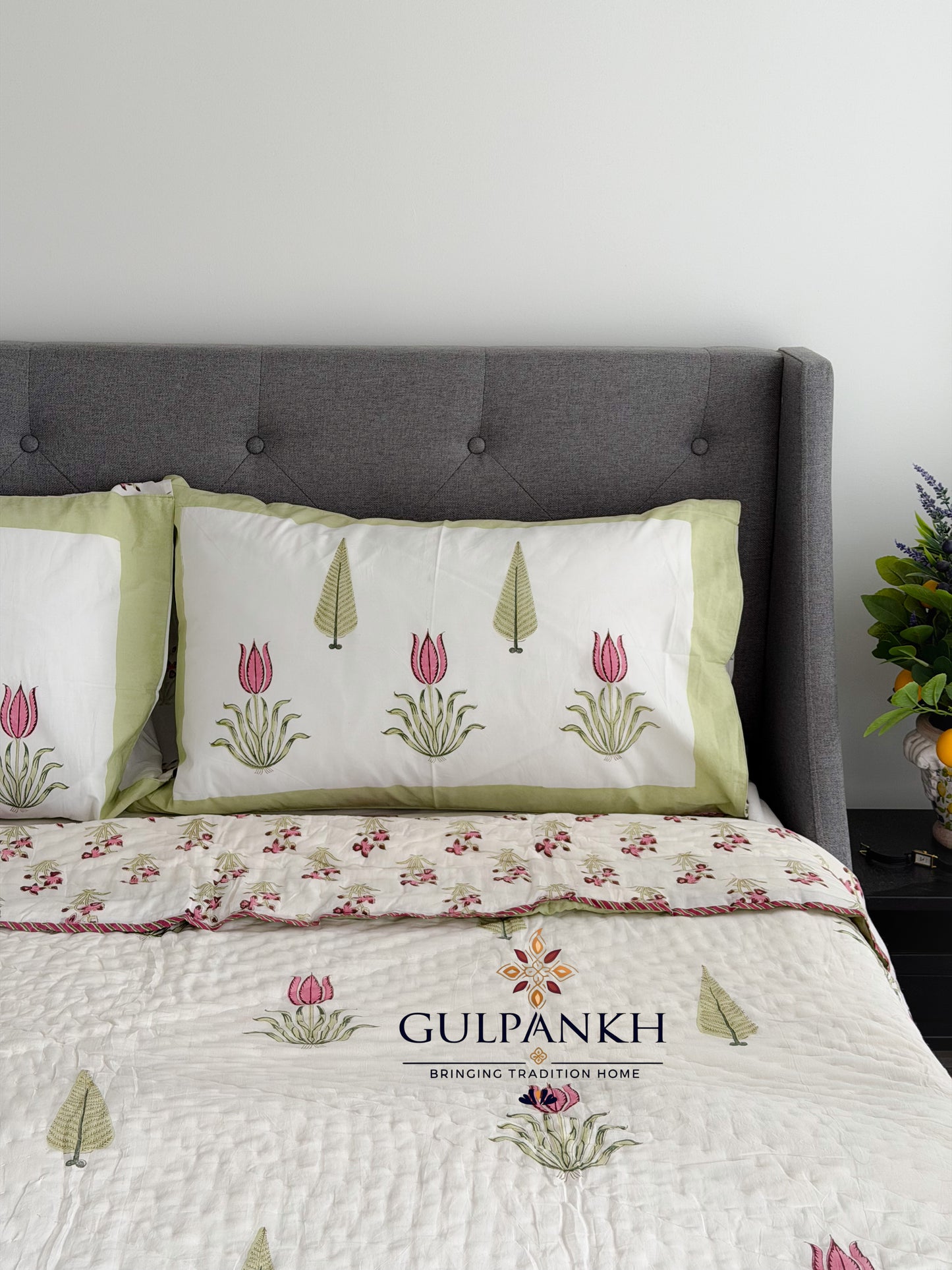Hand Block Printed Cotton Quilt - Gulnaar Tulip Bloom | Gulpankh Canada
