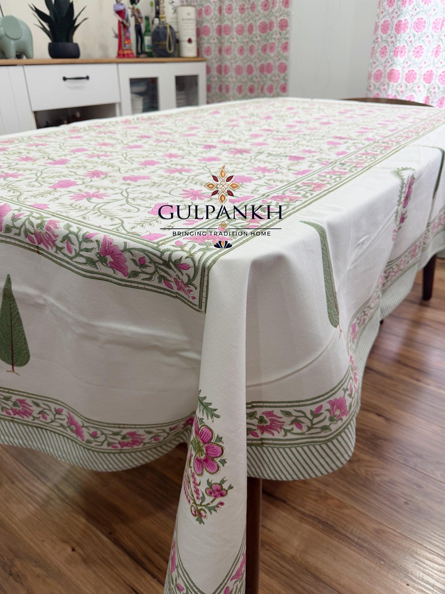 Hand Block Printed Cotton Table Cover - Pink Blossom Garden | Gulpankh Canada