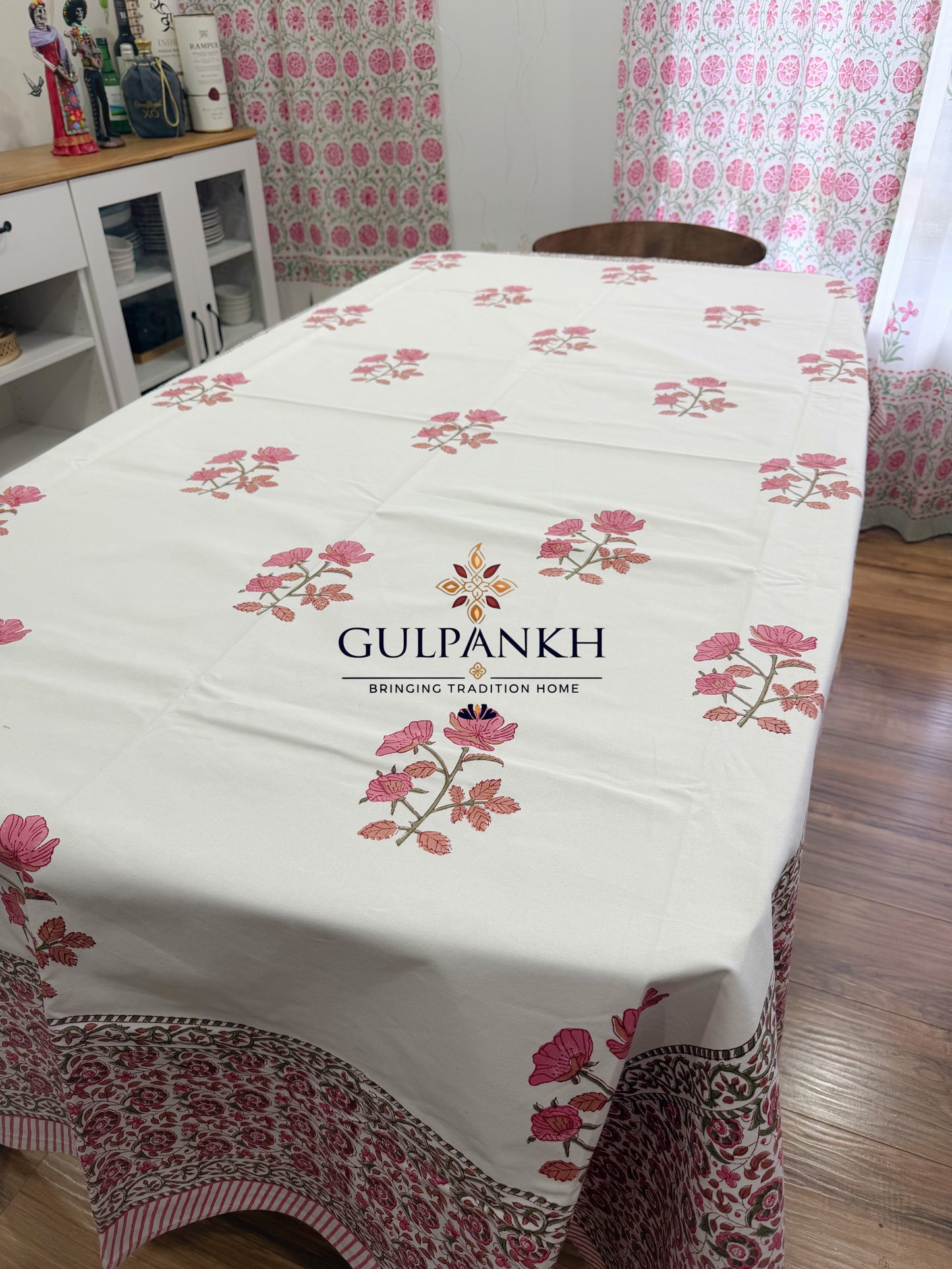Hand Block Printed Cotton Table Cover - Rosé Garden Bloom | Gulpankh Canada