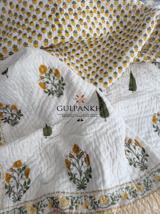 Hand Block Printed Cotton Quilt - Marigold Cypress Meadow | Gulpankh Canada