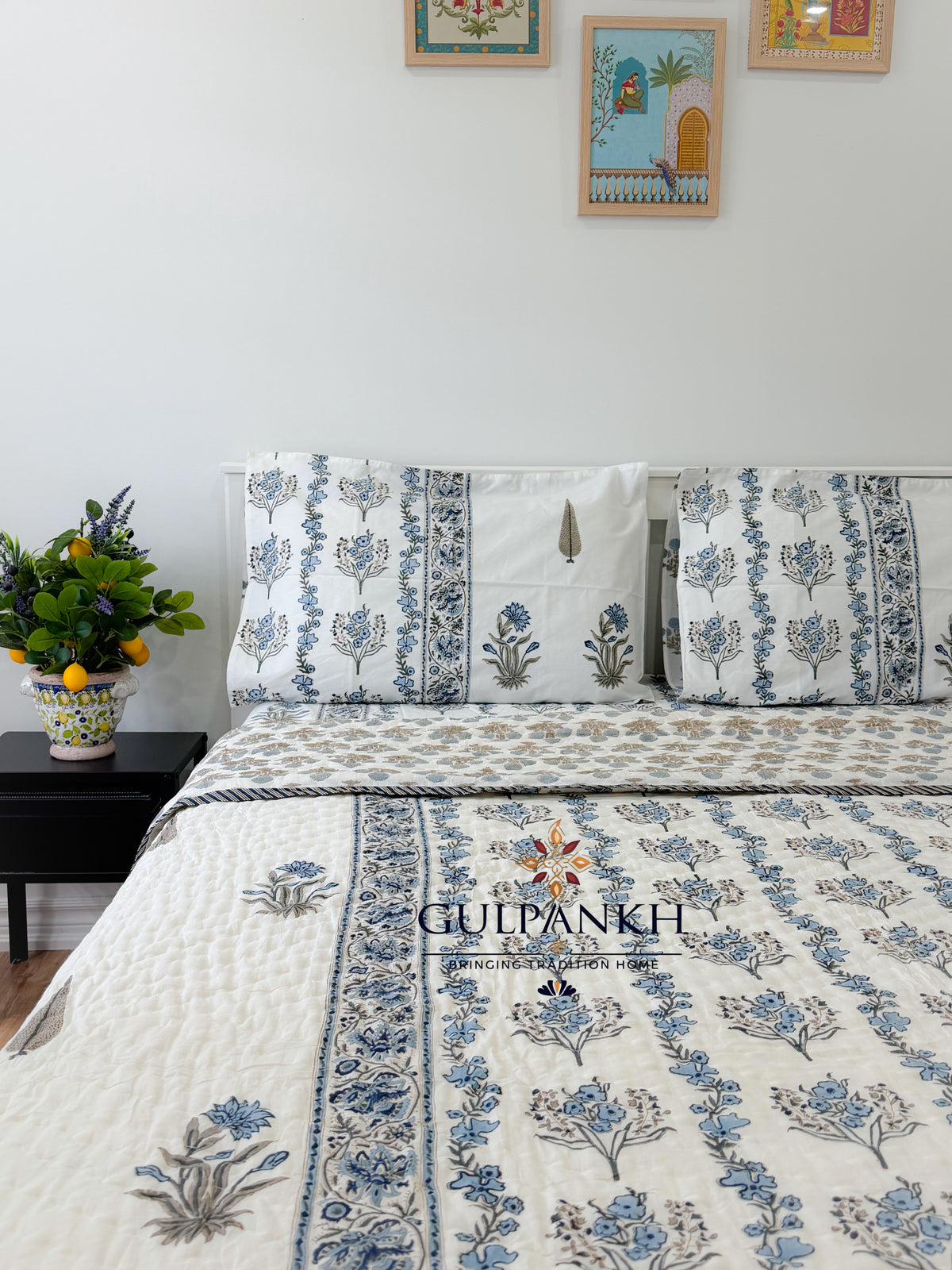 Hand Block Printed Cotton Bedding Queen Set with Quilt - Neel Aangan | Gulpankh Canada