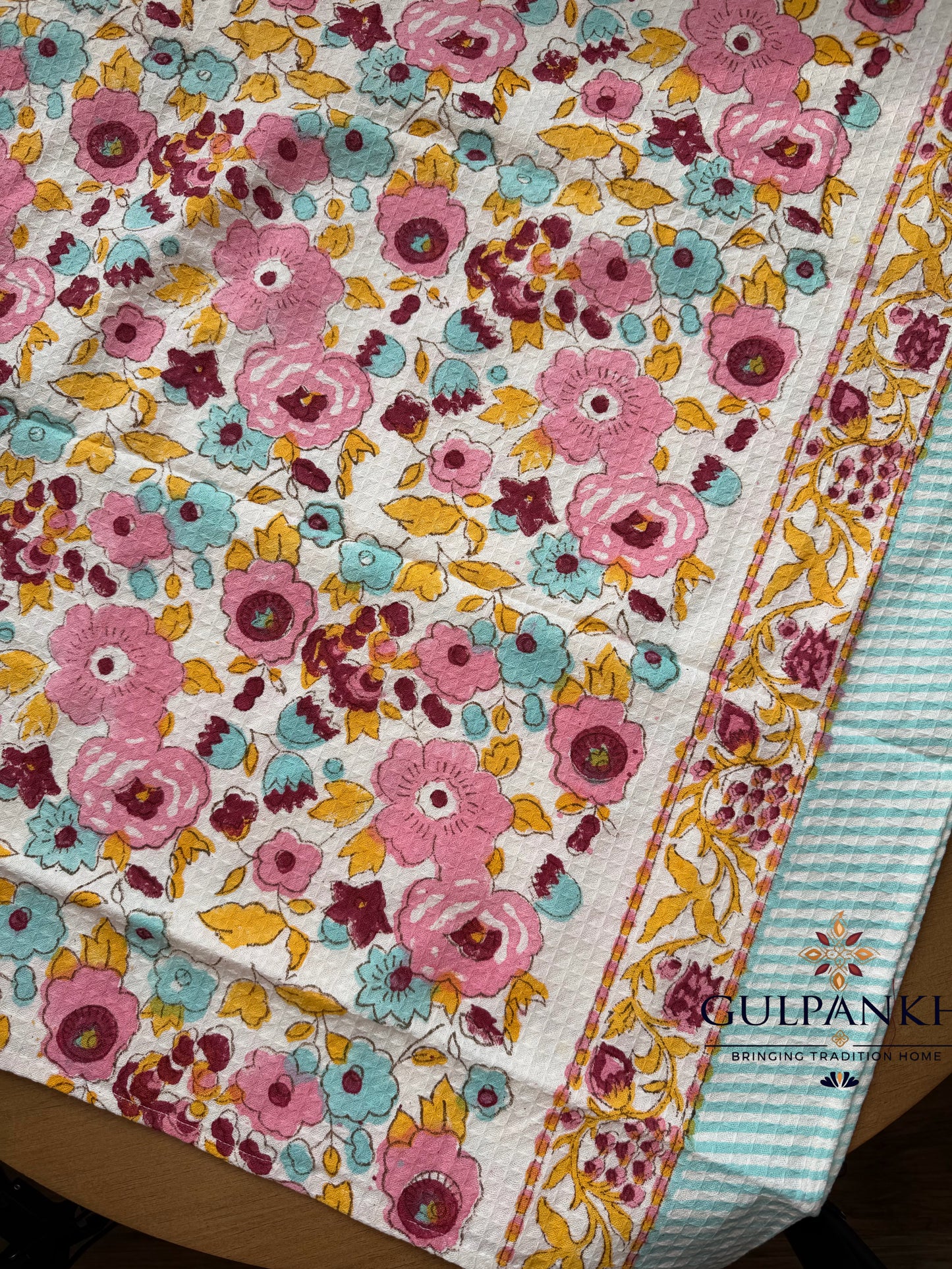 Gulrang Fiesta Hand Block Printed Waffle Cotton Towel | Gulpankh Canada