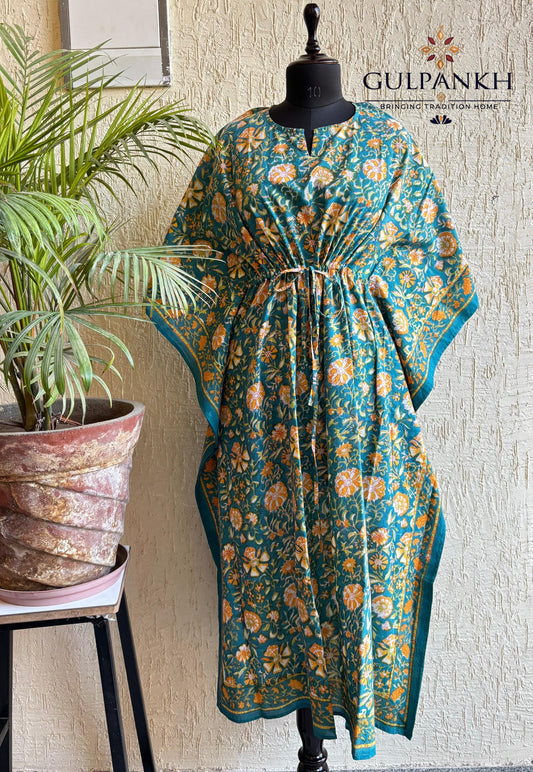 Hand Block Printed Cotton Kaftan – Teal Marigold Meadow | Gulpankh Canada