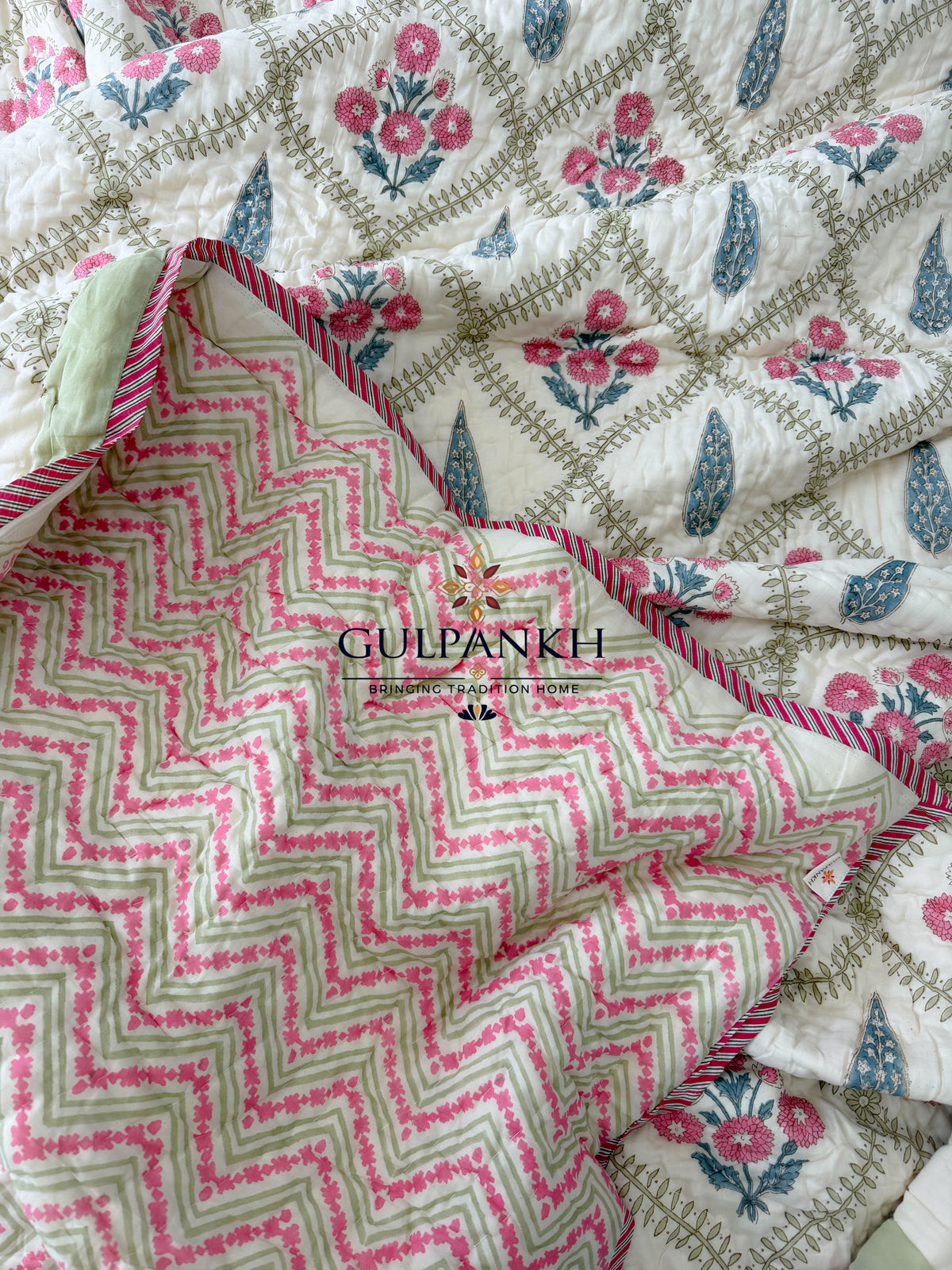 Reversible Hand Block Printed Cotton Quilt - Rosé Jharokha Bloom | Gulpankh Canada