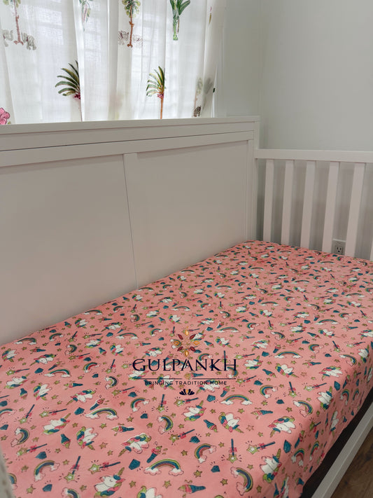 Hand Block Printed Crib Sheet Fitted - Unicorn Wonderland | Gulpankh Canada