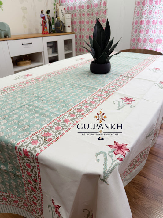 Hand Block Printed Cotton Table Cover - Mint Blossom Garden | Gulpankh Canada