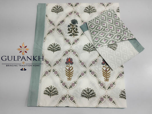Hand Block Printed Fitted Bedsheet - Ivory Sage Gulzar | Gulpankh Canada