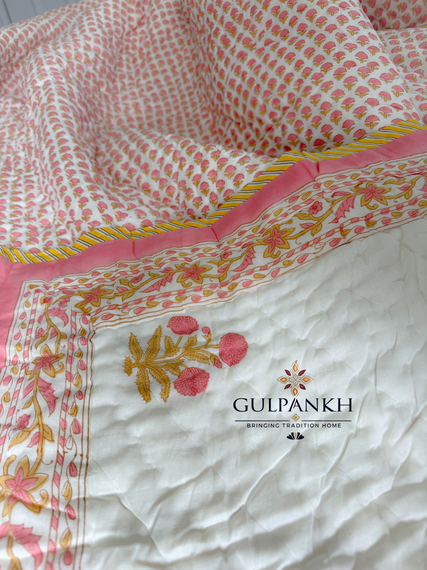 Hand Block Printed Cotton Quilt - Ivory Blossom Buta | Gulpankh Canada