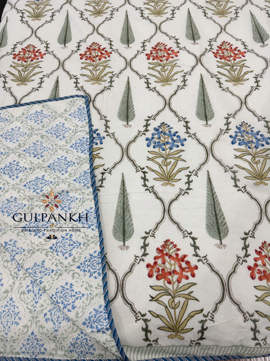 Hand Block Printed Mulmul Cotton Dohar - Mughal Garden Trellis | Gulpankh Canada