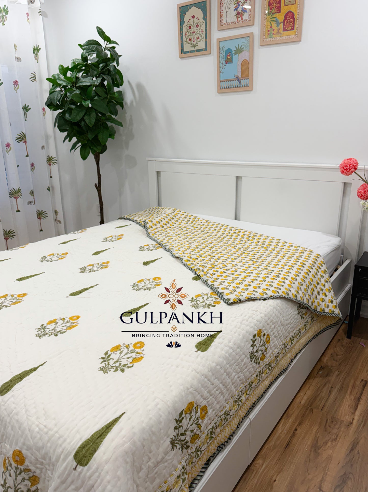 Hand Block Printed Cotton Quilt - Marigold Cypress Meadow | Gulpankh Canada