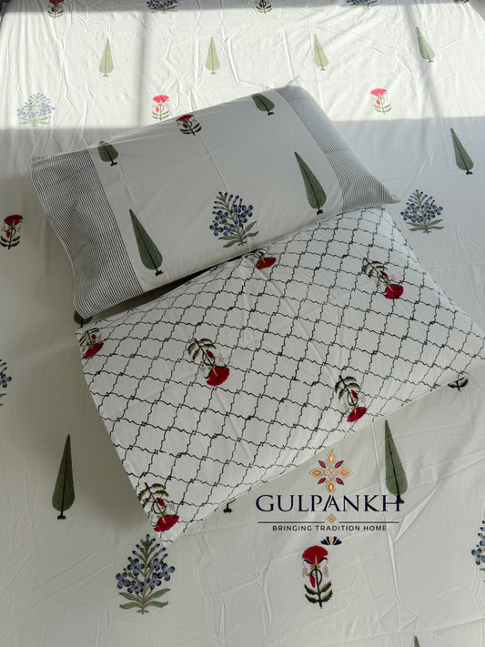 Hand Block Printed 100% Cotton King Fitted Bedsheet – Cypress Blossom | Gulpankh Canada