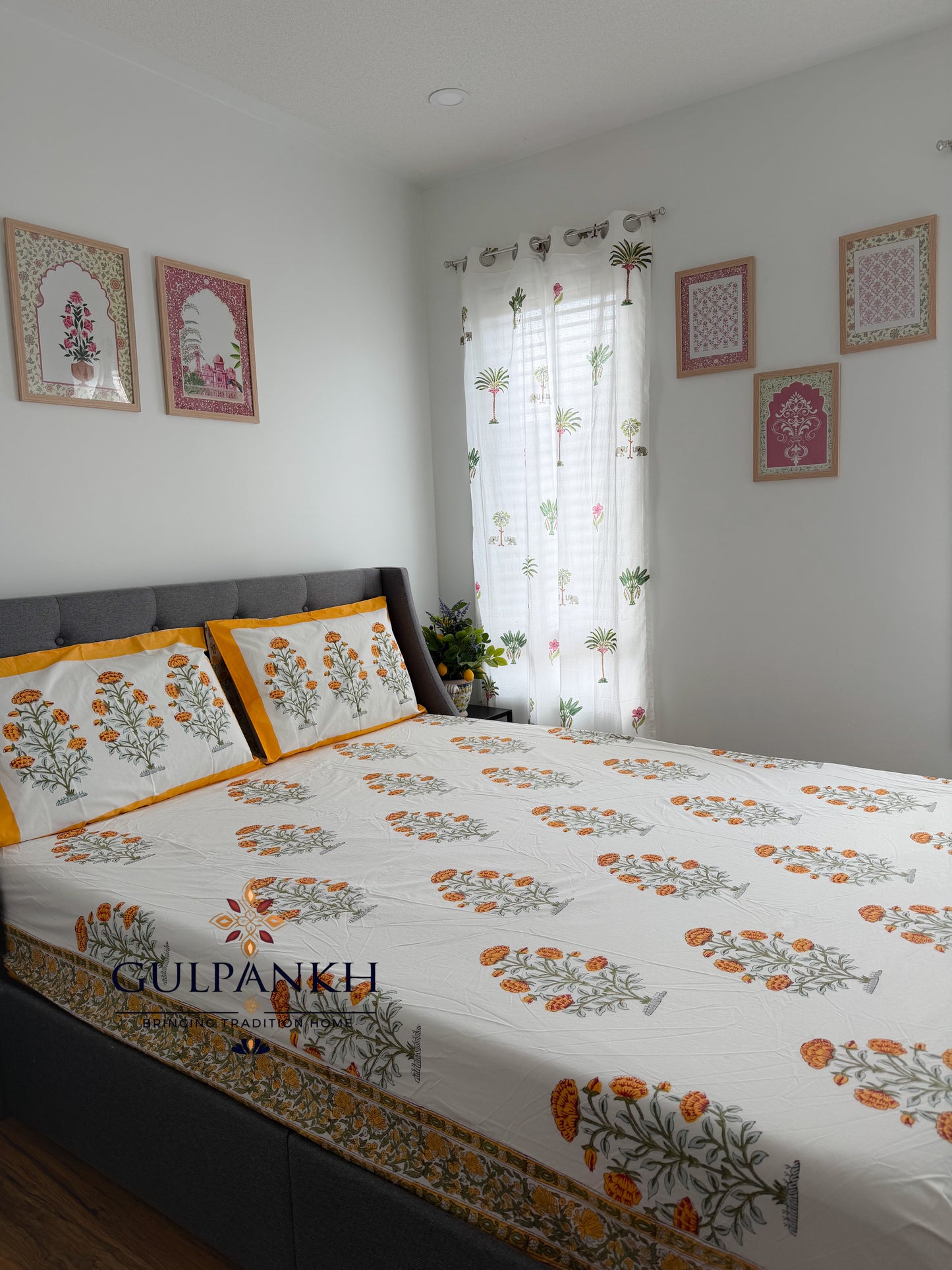 Genda Phool Hand Block Printed Fitted Bedsheet | Gulpankh Canada